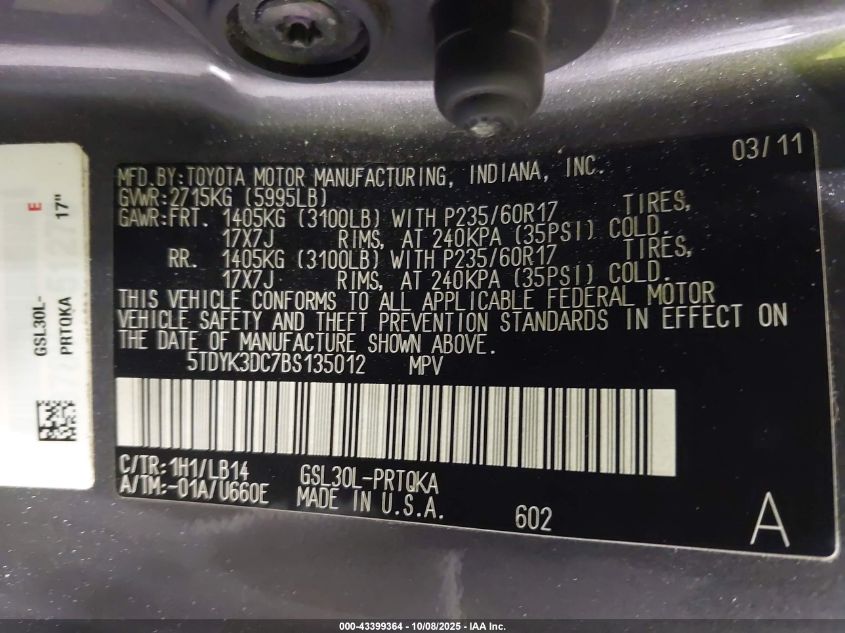 2011 Toyota Sienna Xle V6 VIN: 5TDYK3DC7BS135012 Lot: 43399364