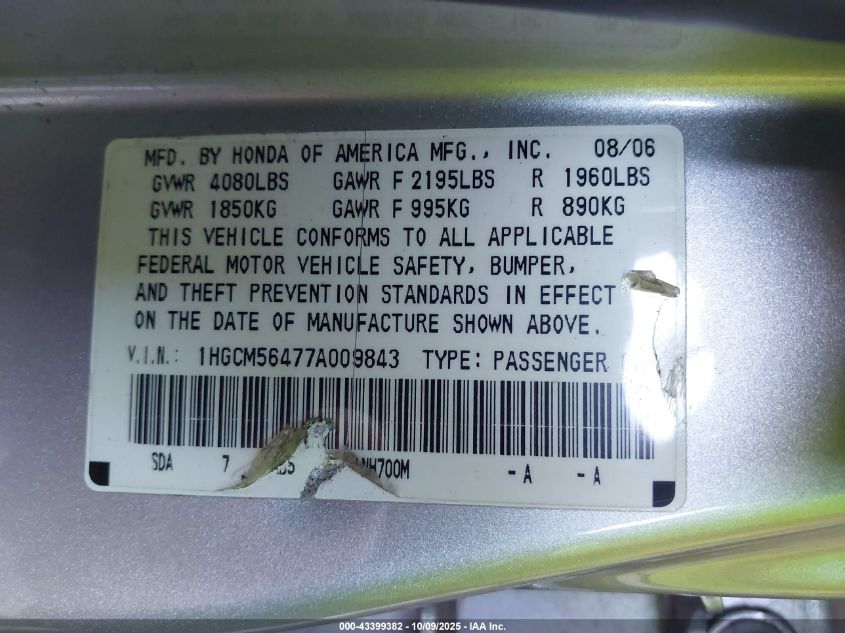 2007 Honda Accord 2.4 Lx VIN: 1HGCM56477A009843 Lot: 43399382