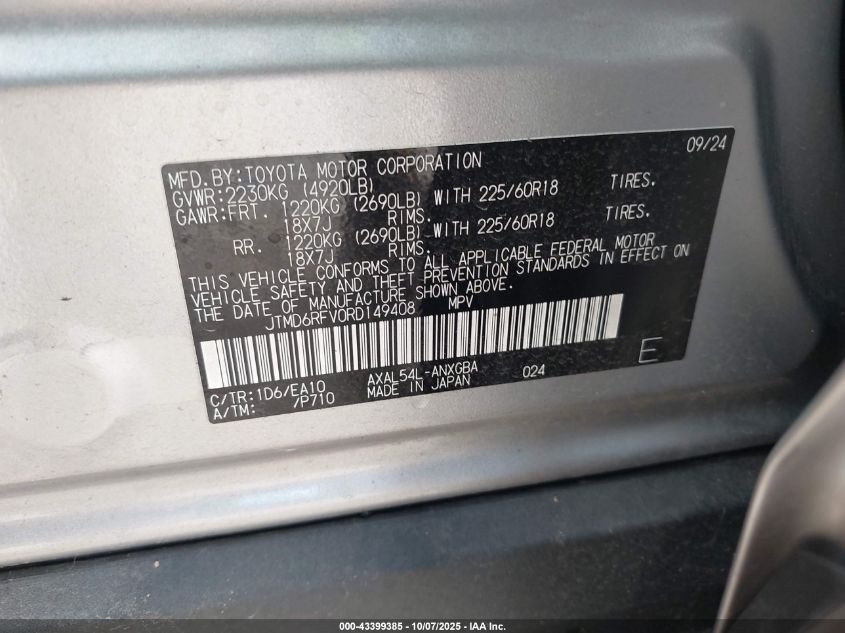 2024 Toyota Rav4 Hybrid Limited VIN: JTMD6RFV0RD149408 Lot: 43399385