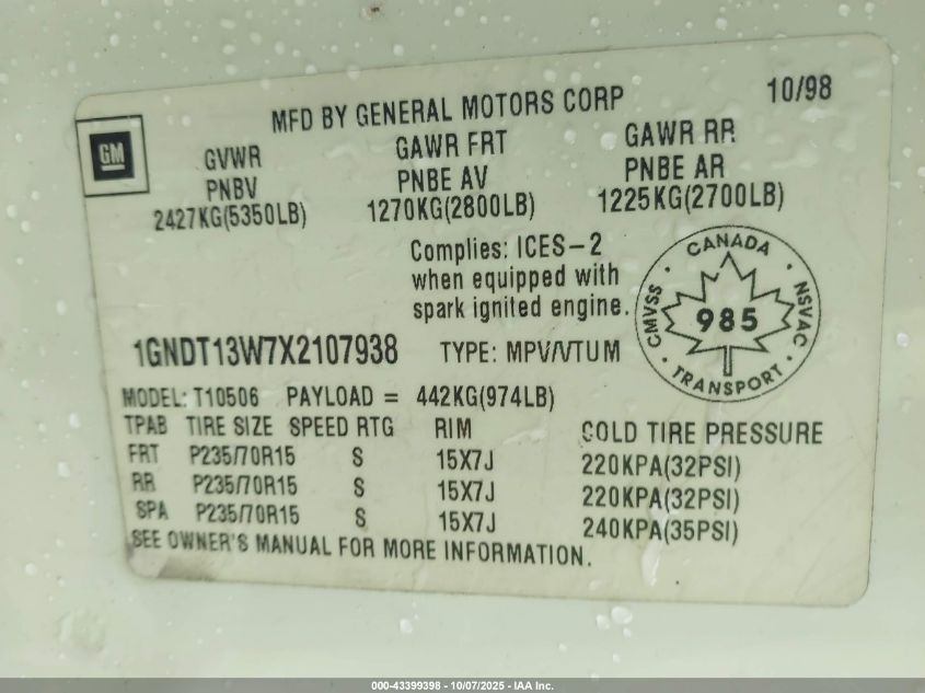 1999 Chevrolet Blazer Ls/Lt/Trailblazer VIN: 1GNDT13W7X2107938 Lot: 43399398