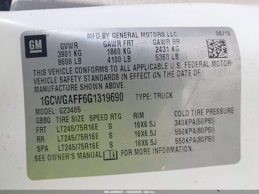 2016 Chevrolet Express 2500 Work Van VIN: 1GCWGAFF6G1319690 Lot: 43399401