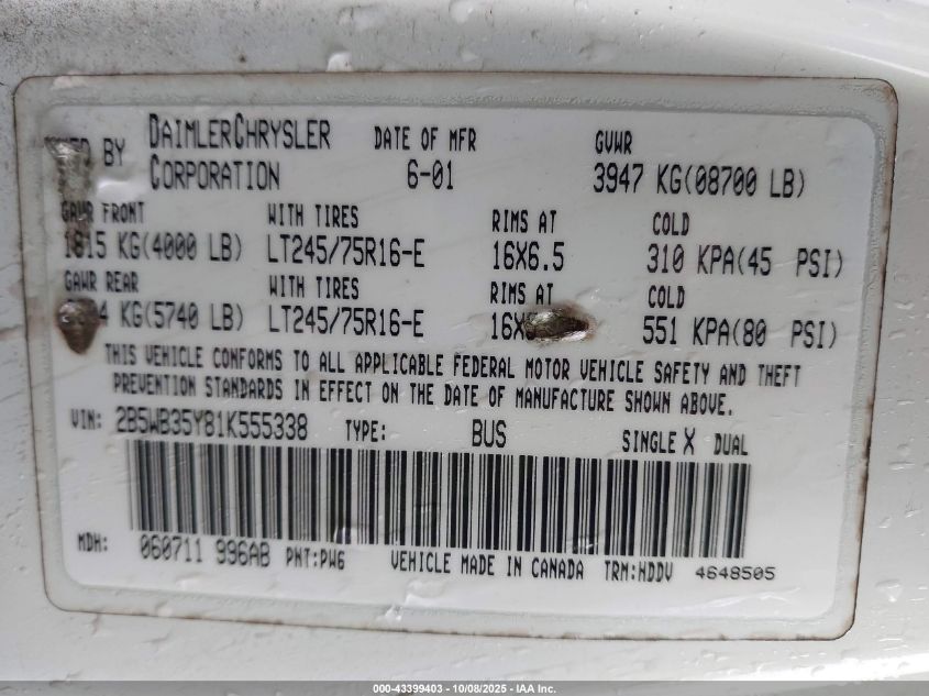 2001 Dodge Ram Wagon 3500 VIN: 2B5WB35Y81K555338 Lot: 43399403