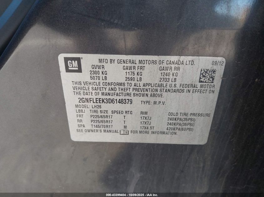 2013 Chevrolet Equinox 1Lt VIN: 2GNFLEEK3D6148379 Lot: 43399404