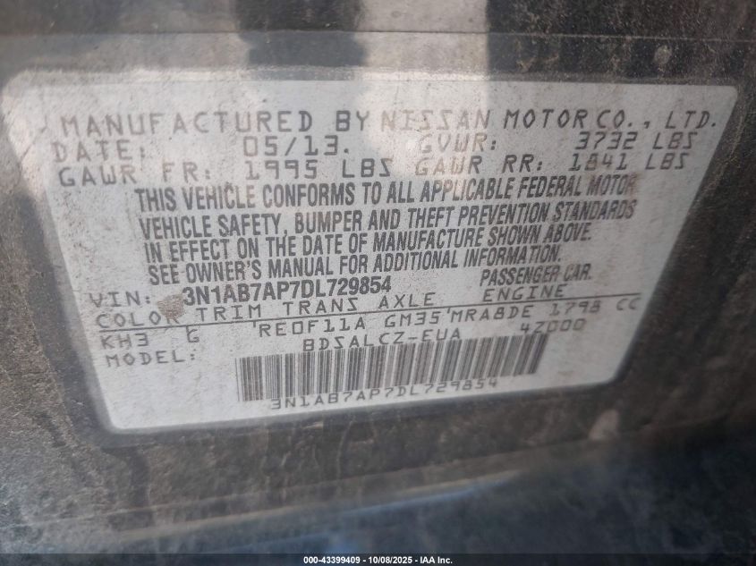 2013 Nissan Sentra S VIN: 3N1AB7AP7DL729854 Lot: 43399409