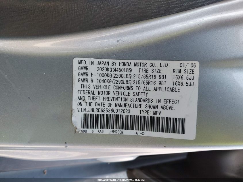 2006 Honda Cr-V Lx VIN: JHLRD68536C012023 Lot: 43399418