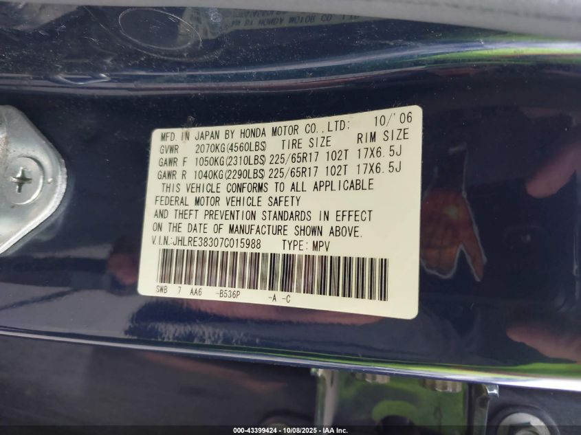 2007 Honda Cr-V Lx VIN: JHLRE38307C015988 Lot: 43399424