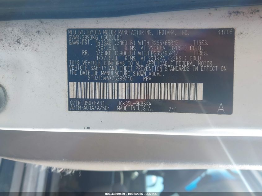 2007 Toyota Sequoia Sr5 V8 VIN: 5TDZT34AX7S289740 Lot: 43399429