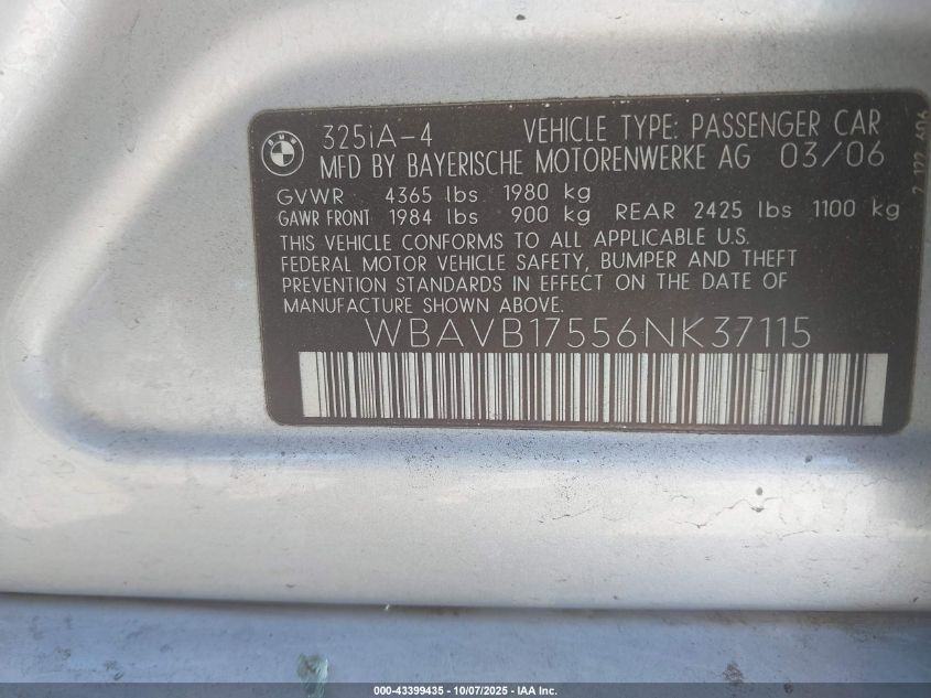 2006 BMW 325I VIN: WBAVB17556NK37115 Lot: 43399435