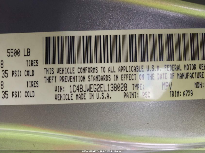 2014 Jeep Wrangler Unlimited Sahara VIN: 1C4BJWEG2EL138028 Lot: 43399437