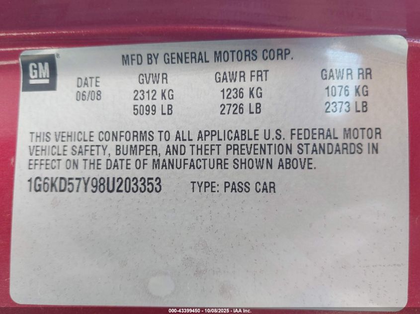 2008 Cadillac Dts 1Sd VIN: 1G6KD57Y98U203353 Lot: 43399450