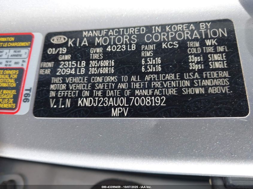 2020 Kia Soul Lx VIN: KNDJ23AU0L7008192 Lot: 43399459