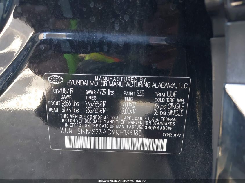 2019 Hyundai Santa Fe Se VIN: 5NMS23AD9KH136183 Lot: 43399476