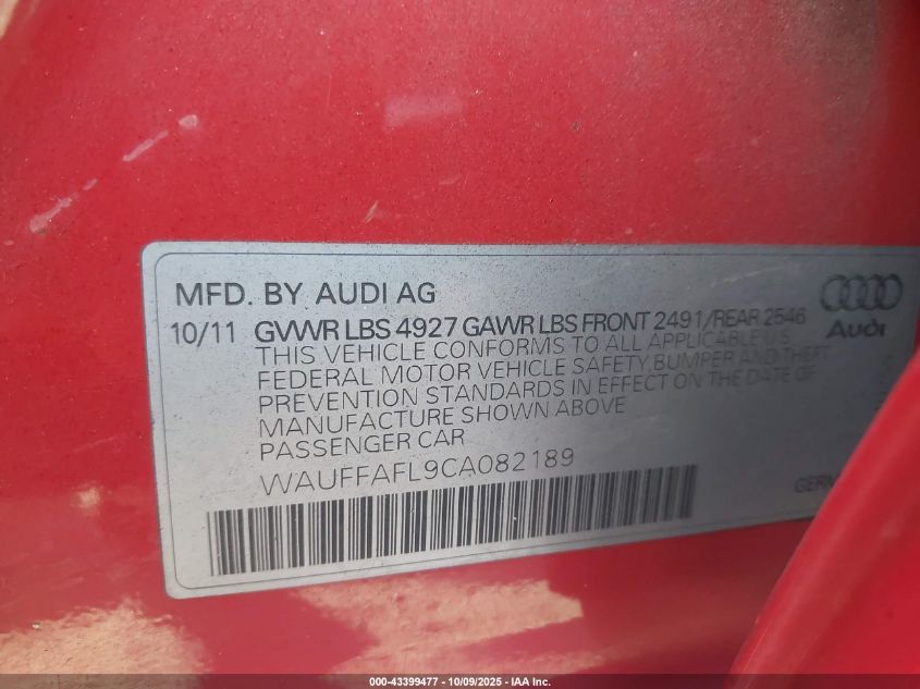 2012 Audi A4 2.0T Premium VIN: WAUFFAFL9CA082189 Lot: 43399477
