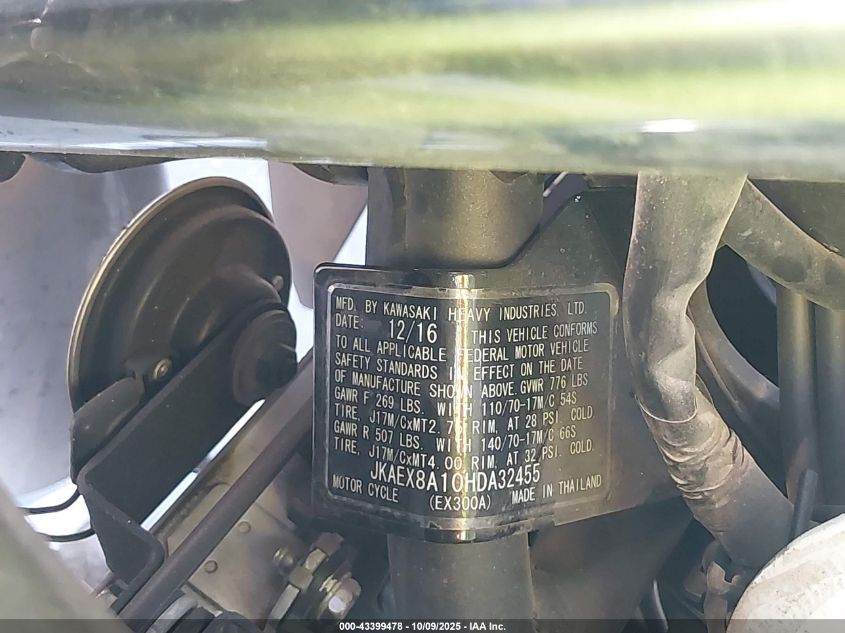 2017 Kawasaki Ex300 A VIN: JKAEX8A10HDA32455 Lot: 43399478