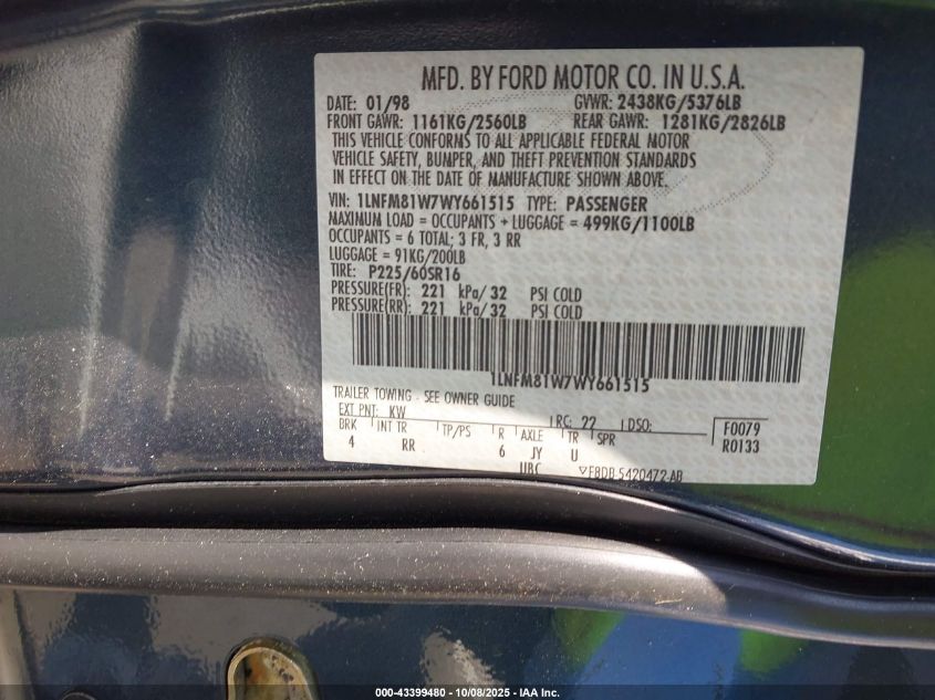 1998 Lincoln Town Car Executive VIN: 1LNFM81W7WY661515 Lot: 43399480