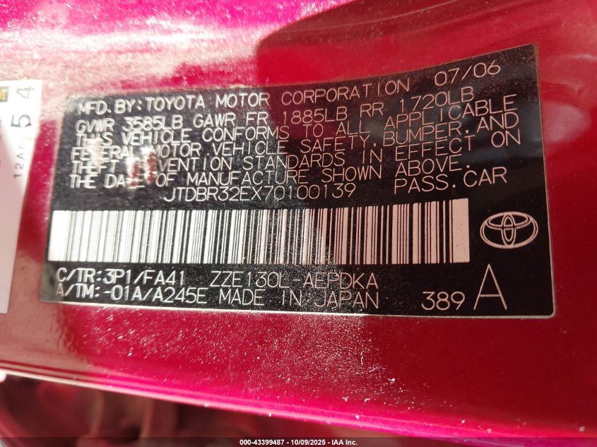 2007 Toyota Corolla Ce VIN: JTDBR32EX70100139 Lot: 43399487