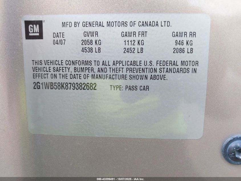 2007 Chevrolet Impala Ls VIN: 2G1WB58K879382682 Lot: 43399491