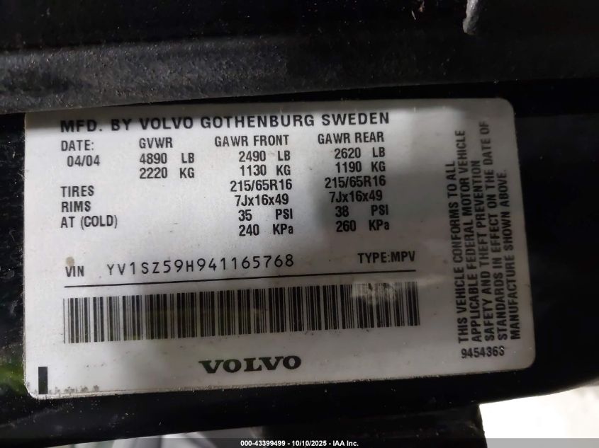 2004 Volvo Xc70 2.5T VIN: YV1SZ59H941165768 Lot: 43399499