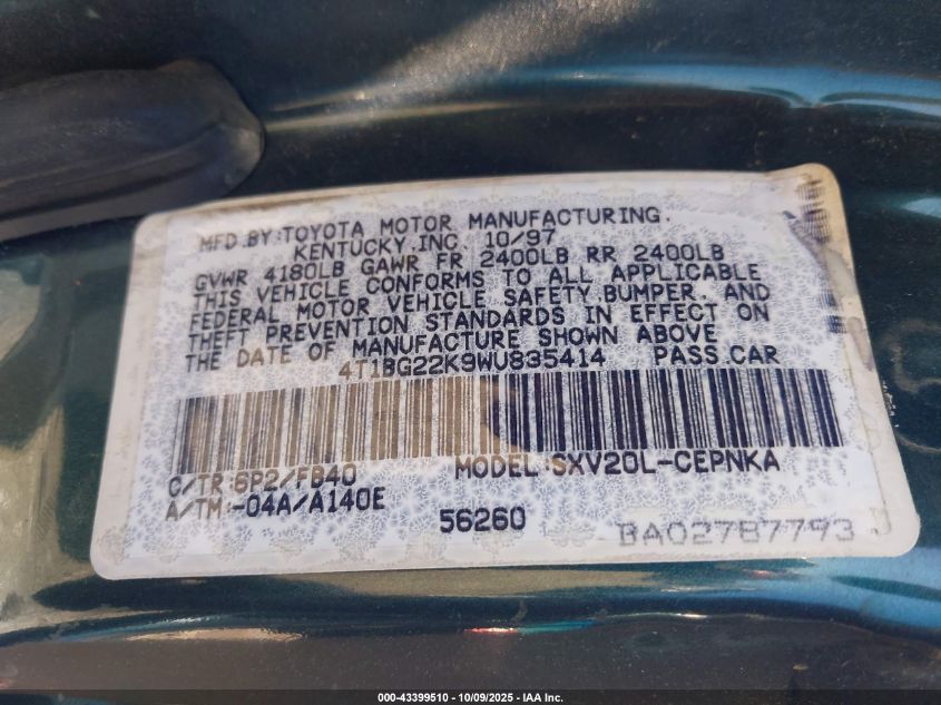 1998 Toyota Camry Le VIN: 4T1BG22K9WU835414 Lot: 43399510