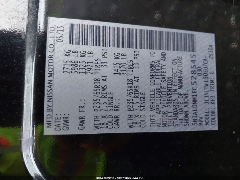 2015 Infiniti Qx60 VIN: 5N1AL0MM1FC528545 Lot: 43399516