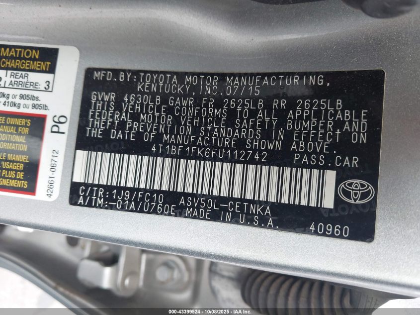 2015 Toyota Camry Le VIN: 4T1BF1FK6FU112742 Lot: 43399524