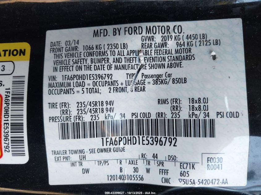 2014 Ford Fusion Se VIN: 1FA6P0HD1E5396792 Lot: 43399527