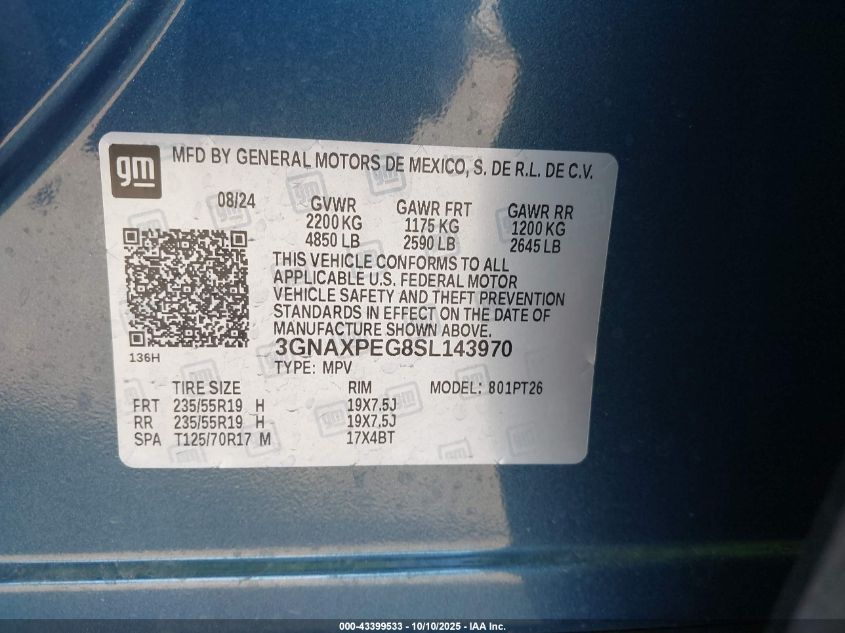 2025 Chevrolet Equinox Awd Lt VIN: 3GNAXPEG8SL143970 Lot: 43399533