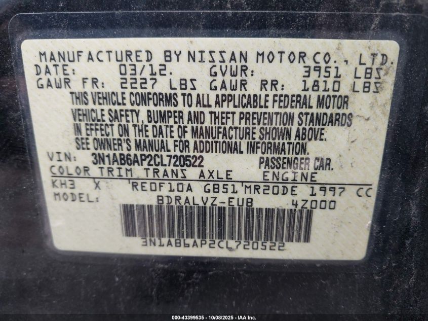 2012 Nissan Sentra 2.0 Sl VIN: 3N1AB6AP2CL720522 Lot: 43399535