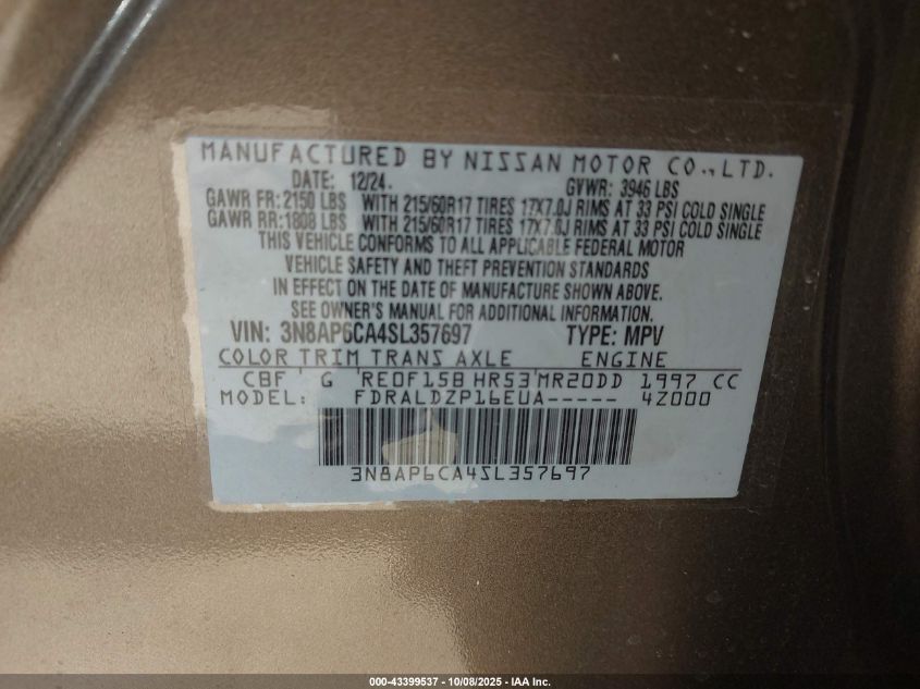 2025 Nissan Kicks Sv Fwd VIN: 3N8AP6CA4SL357697 Lot: 43399537