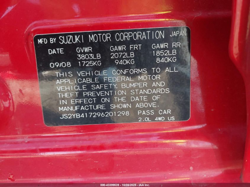 2009 Suzuki Sx4 Touring VIN: JS2YB417296201298 Lot: 43399539