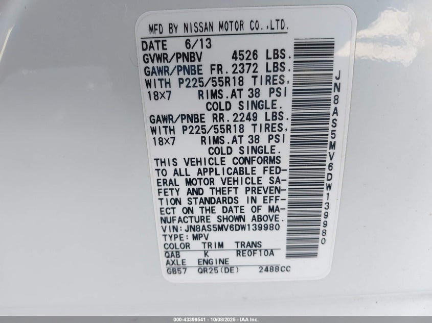 2013 Nissan Rogue Sv W/Sl Pkg VIN: JN8AS5MV6DW139980 Lot: 43399541