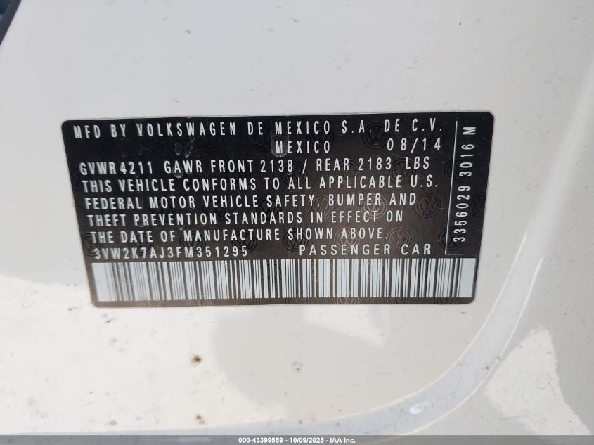 2015 Volkswagen Jetta 2.0L S VIN: 3VW2K7AJ3FM351295 Lot: 43399559