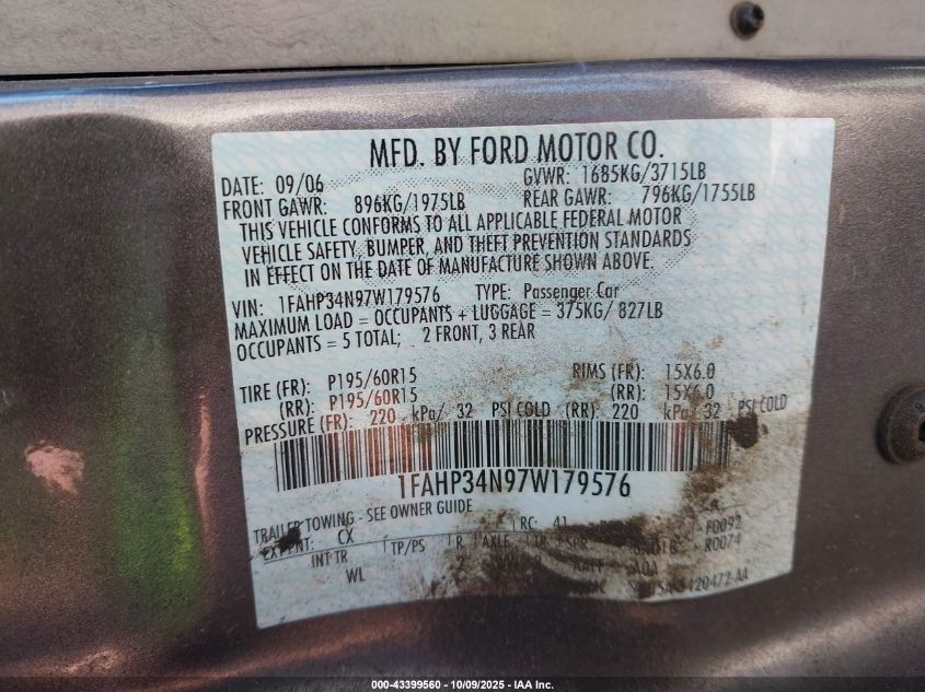 2007 Ford Focus S/Se/Ses VIN: 1FAHP34N97W179576 Lot: 43399560