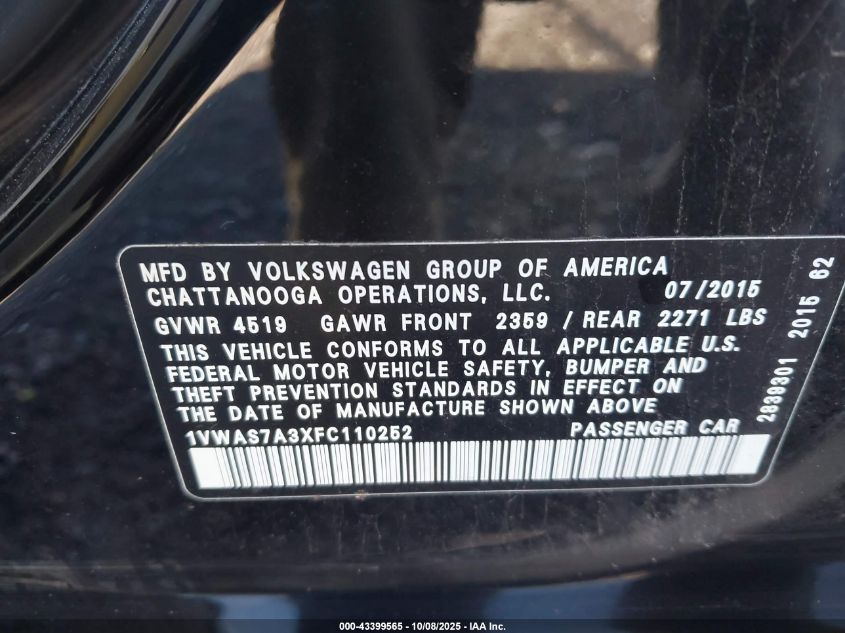 2015 Volkswagen Passat 1.8T Limited Edition VIN: 1VWAS7A3XFC110252 Lot: 43399565