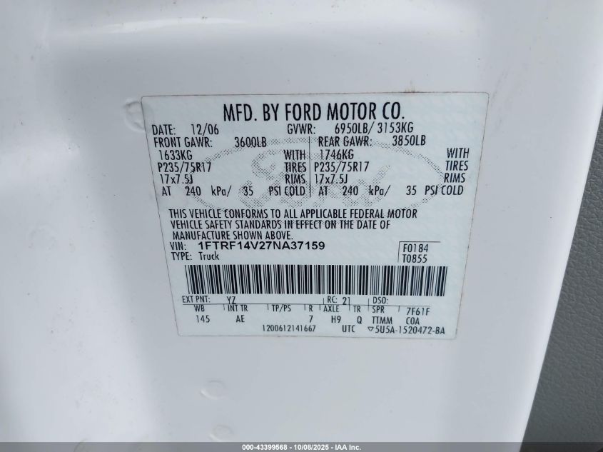 2007 Ford F-150 Fx4/Xl/Xlt VIN: 1FTRF14V27NA37159 Lot: 43399568