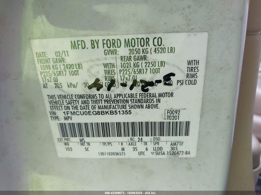 2011 Ford Escape Limited VIN: 1FMCU0EG8BKB51355 Lot: 43399573