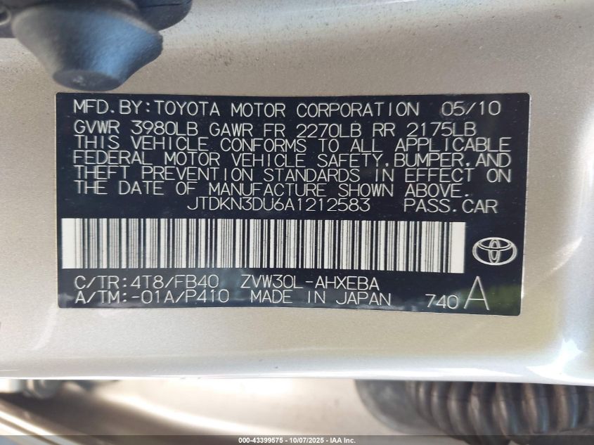 2010 Toyota Prius I/Ii/Iii/Iv/V VIN: JTDKN3DU6A1212583 Lot: 43399575