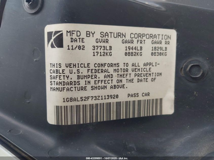 2003 Saturn Ion 3 VIN: 1G8AL52F73Z113920 Lot: 43399591