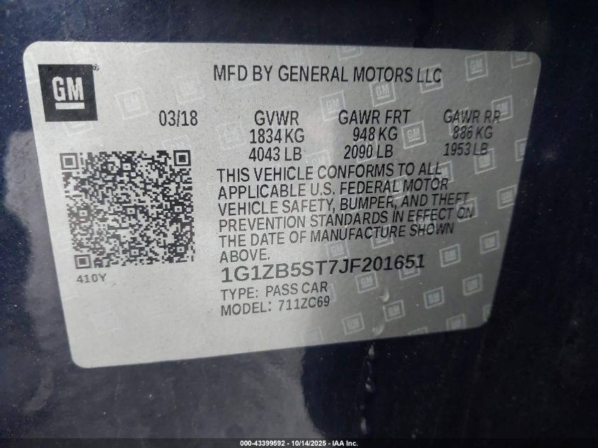 2018 Chevrolet Malibu 1Ls VIN: 1G1ZB5ST7JF201651 Lot: 43399592