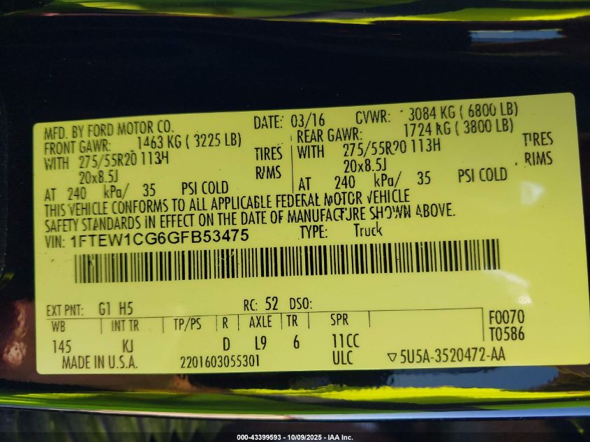 2016 Ford F-150 King Ranch VIN: 1FTEW1CG6GFB53475 Lot: 43399593