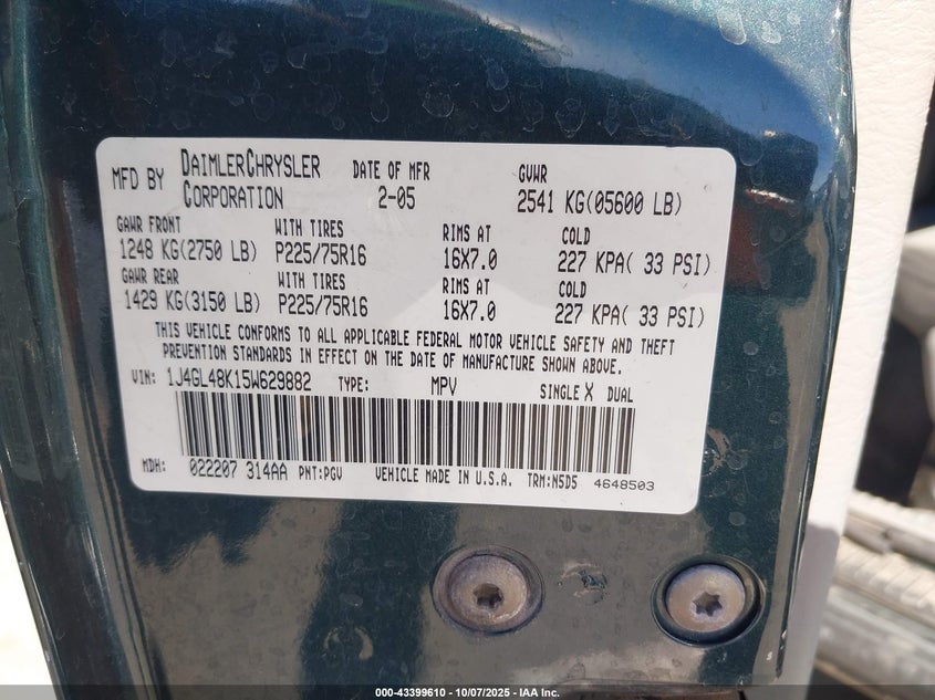 2005 Jeep Liberty Sport VIN: 1J4GL48K15W629882 Lot: 43399610