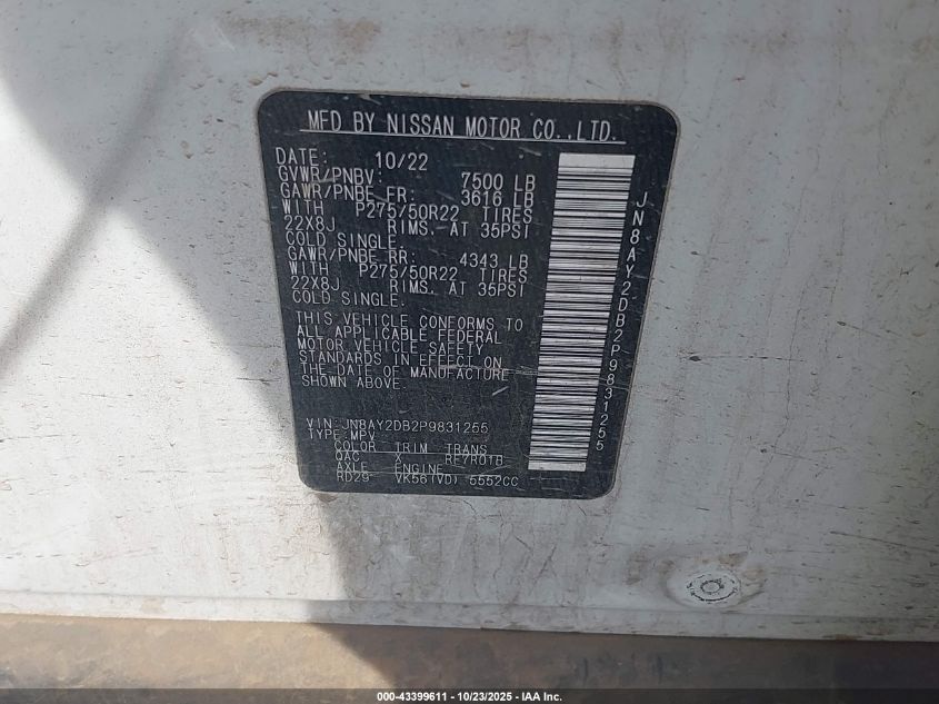 2023 Nissan Armada Platinum 4Wd VIN: JN8AY2DB2P9831255 Lot: 43399611