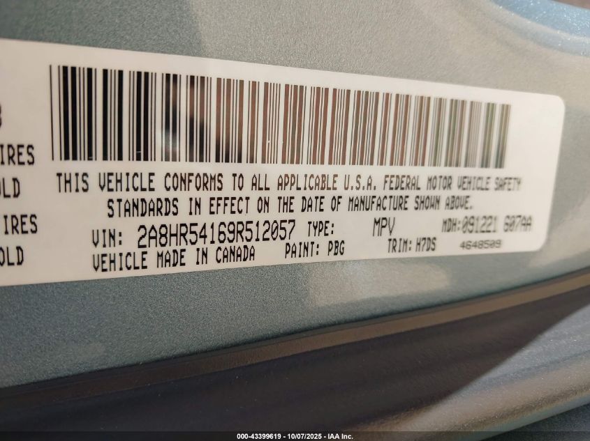 2009 Chrysler Town & Country Touring VIN: 2A8HR54169R512057 Lot: 43399619