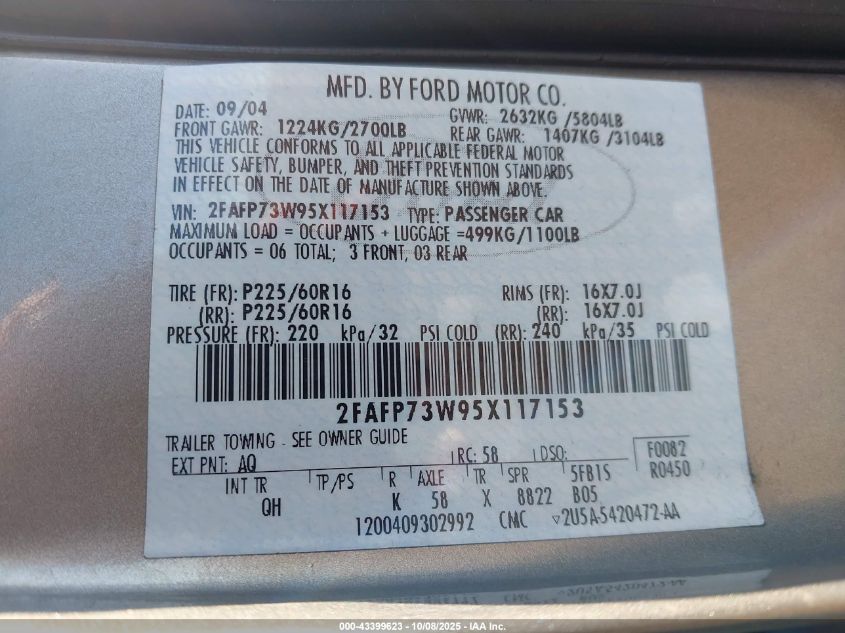 2005 Ford Crown Victoria Standard VIN: 2FAFP73W95X117153 Lot: 43399623