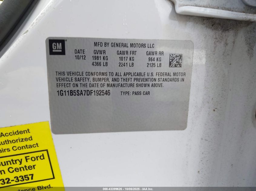 2013 Chevrolet Malibu 1Ls VIN: 1G11B5SA7DF192546 Lot: 43399626
