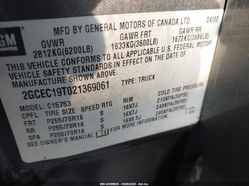 2002 Chevrolet Silverado 1500 Ls VIN: 2GCEC19T021369061 Lot: 43399635