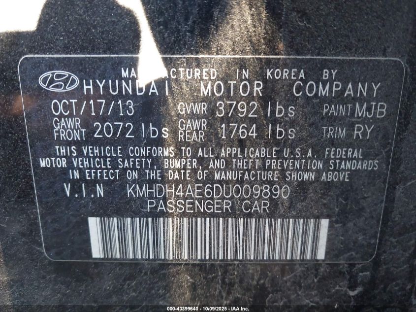 2013 Hyundai Elantra Limited VIN: KMHDH4AE6DU009890 Lot: 43399640