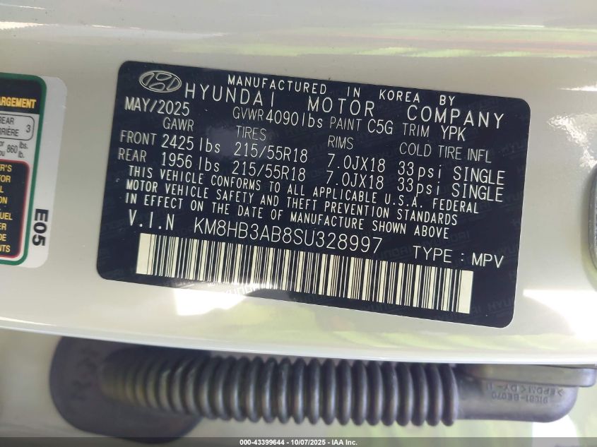 2025 Hyundai Kona Sel VIN: KM8HB3AB8SU328997 Lot: 43399644