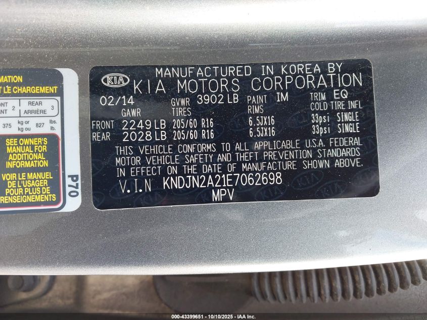 2014 Kia Soul VIN: KNDJN2A21E7062698 Lot: 43399651