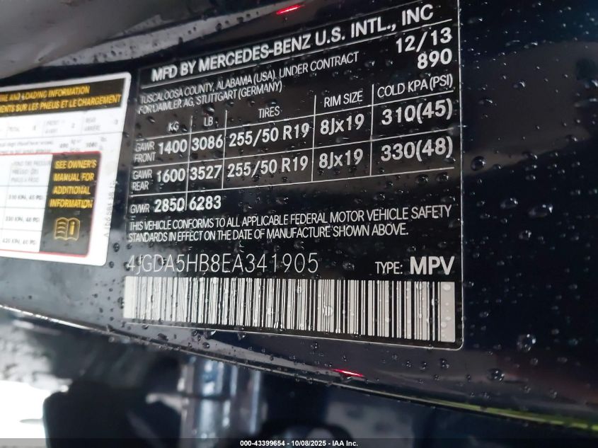 2014 Mercedes-Benz Ml 350 4Matic VIN: 4JGDA5HB8EA341905 Lot: 43399654